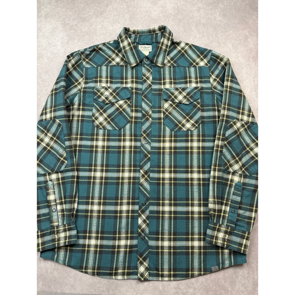 LL Bean Mens L-Reg Plaid Flannel Shirt Teal Yellow Wool Blend Snap Front Cozy